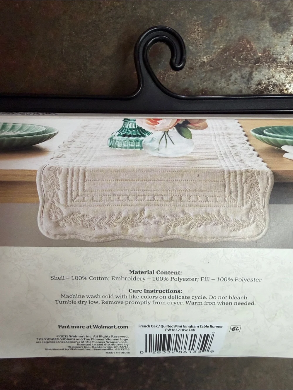 The Pioneer Woman French Oak Reversible Quilted Mini Gingham Table Runner. 14x90